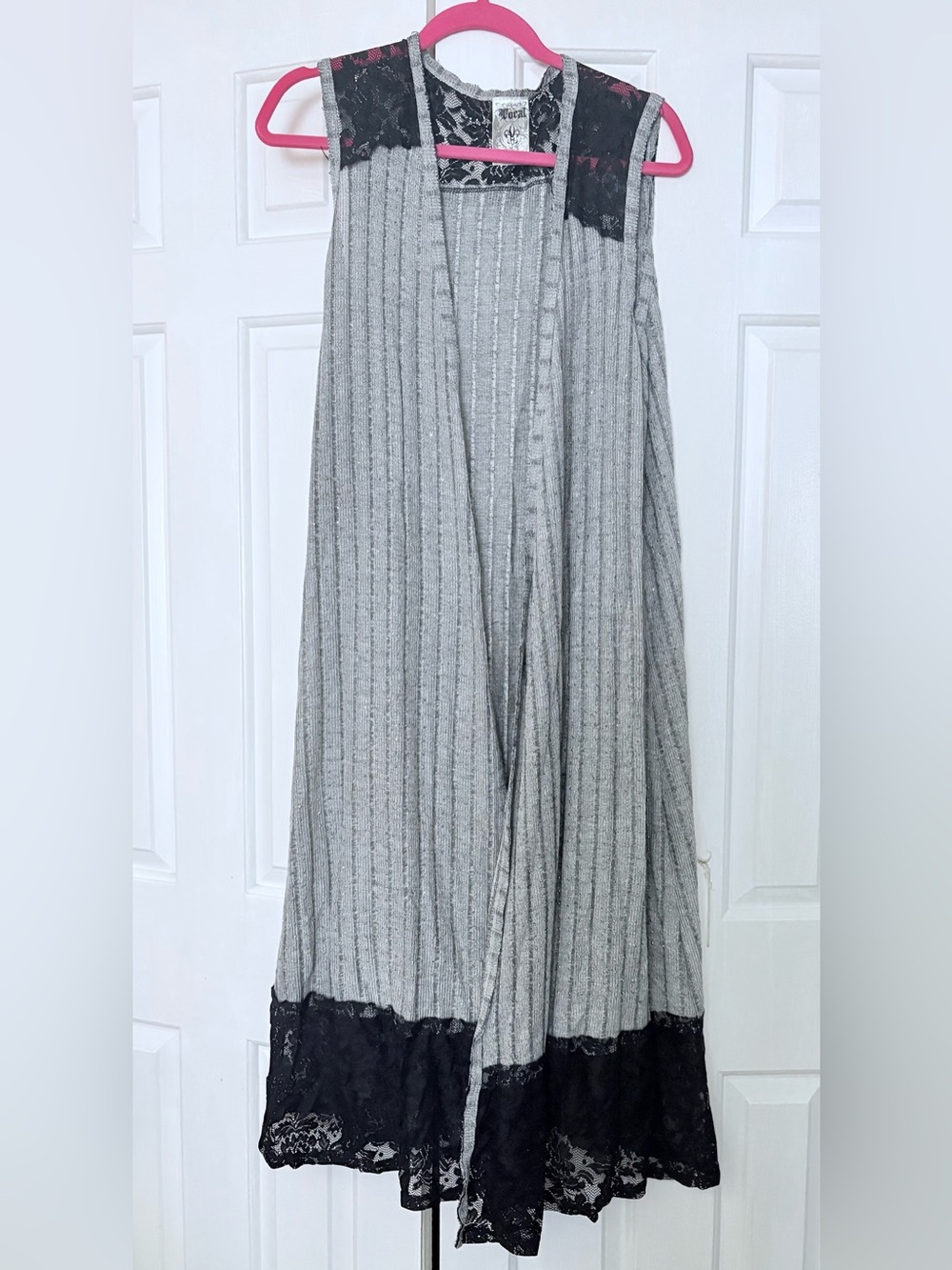 Long sleeveless Gray Knit Duster Vest with Black Lace Trim and rhinestone accent